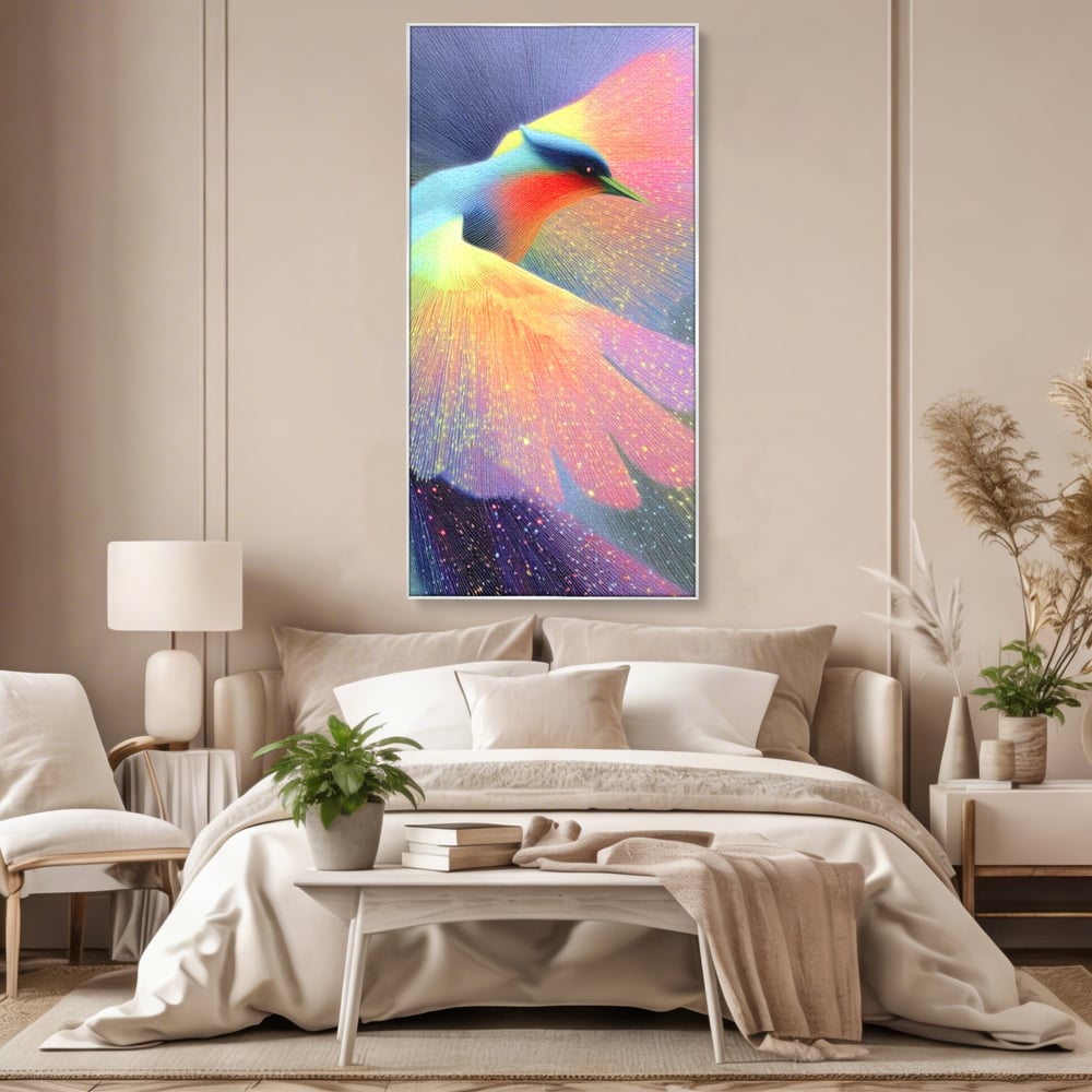 Tablou canvas cu tablou canvas cu pasare colorata in zbor, in rama de aluminiu argintiu, pe perete intr-un dormitor